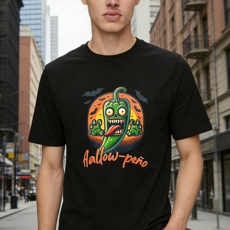 Halloween Funny Scary Green Chili Pepper With Zombie Hands And Bats Moon Background Hallow Peno Pun Unisex Classic T-shirt