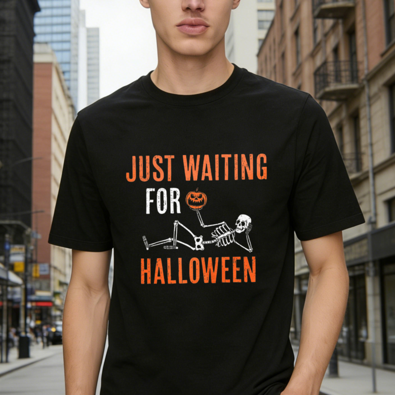 Just Waiting For Halloween Skeleton With Pumpkin T-shirt