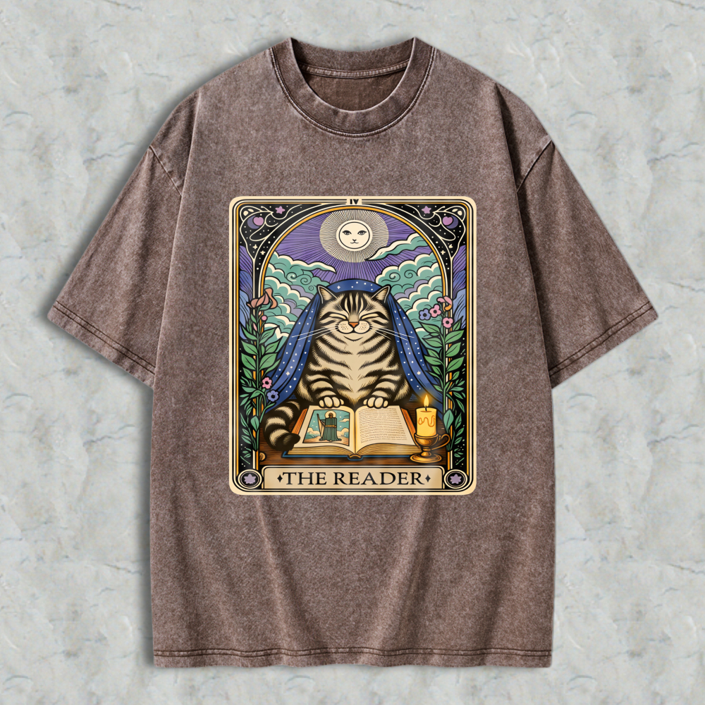 Wardrobecart Cat Reading Book Tarot Card The Reader Unisex Washed T-shirt