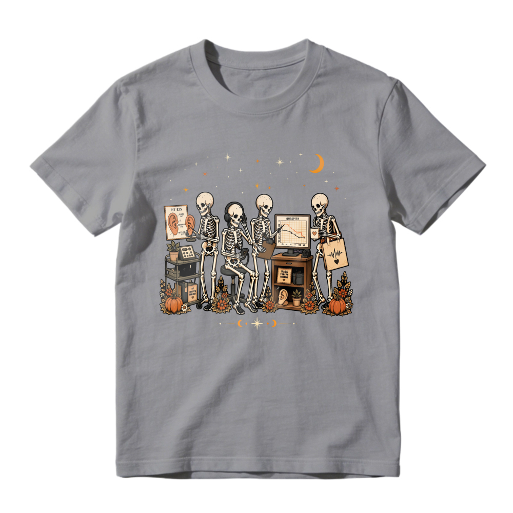Skeletons Working At Desk With Computers And Pumpkins Under Moon And Stars Unisex Classic T-shirt