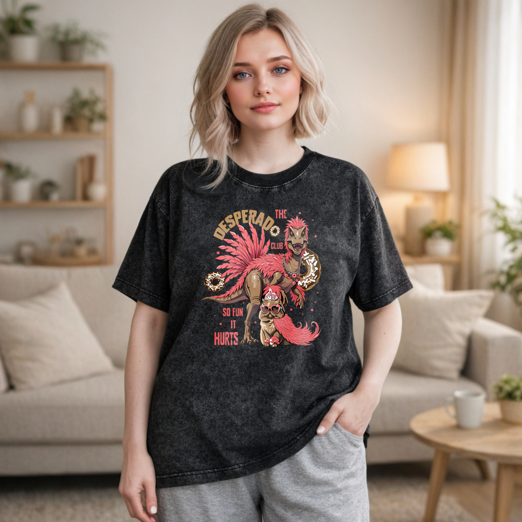 Wardrobecart Desperado Club Dinosaur With Donuts And Pink Hair Unisex Washed T-shirt