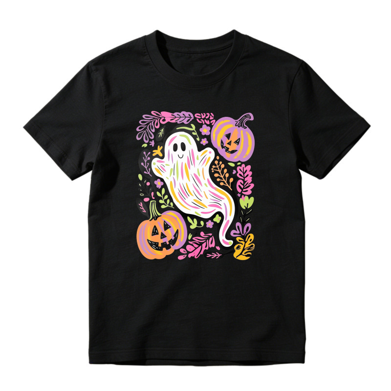 Cute Ghost And Pumpkin Halloween Floral Pattern, Unisex Classic T-shirt