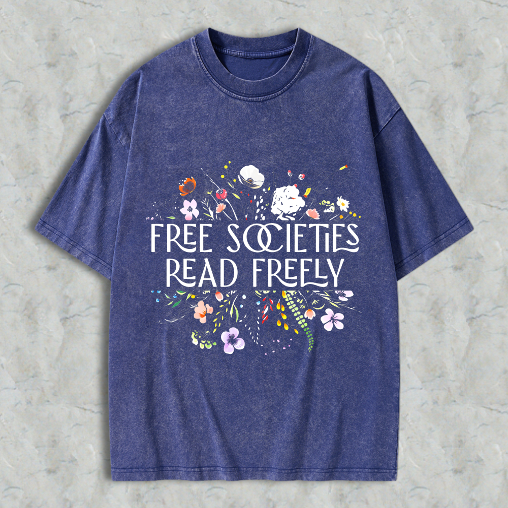 Wardrobecart Free Societies Read Freely Floral Design Unisex Washed T-shirt