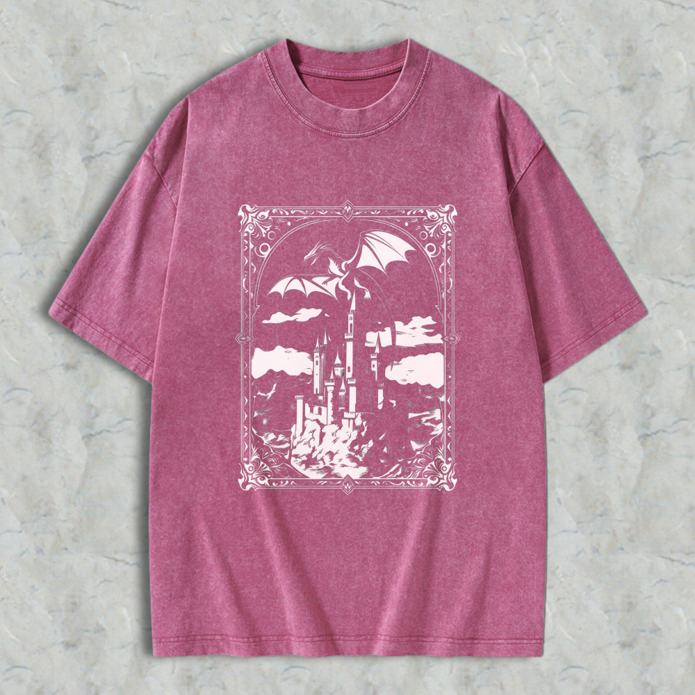 Wardrobecart Fantasy Castle Dragon Sky Scene Unisex Washed T-shirt