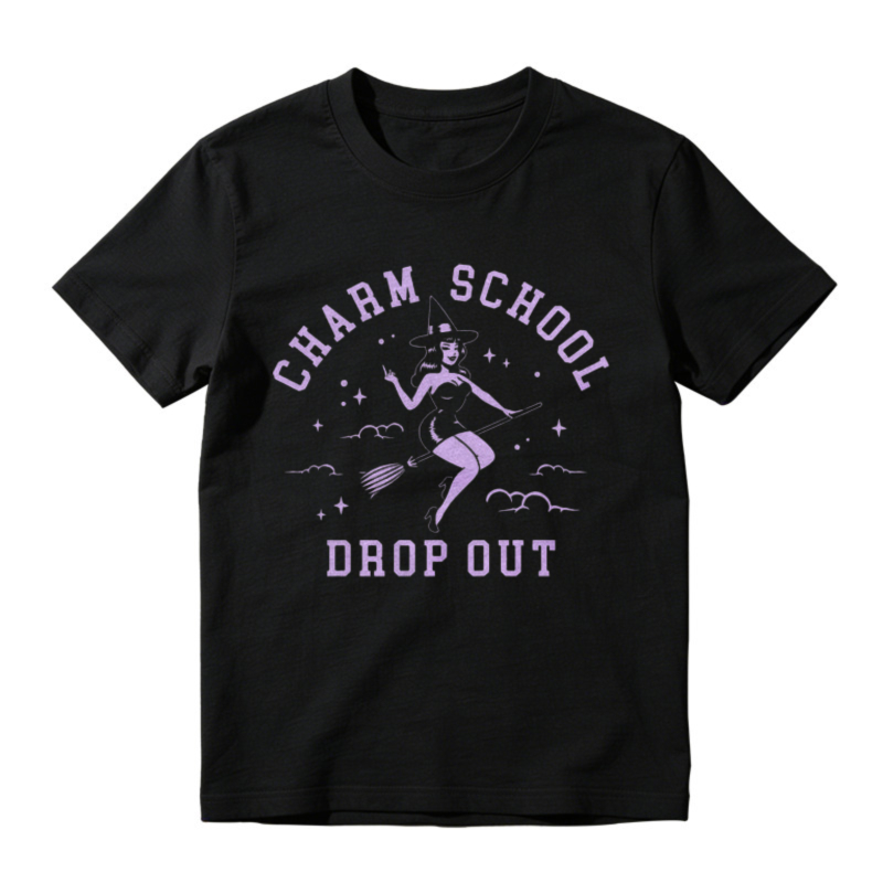 Charm School Drop Out Witch On Broomstick Graphic T-shirt
