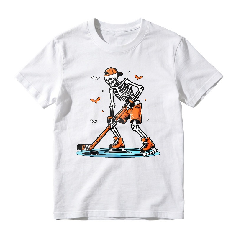 Skeleton Hockey Player With Orange Helmet And Stick Unisex Classic T-shirt