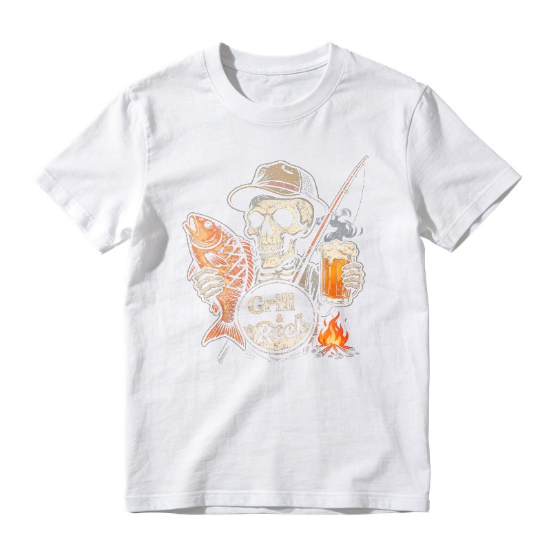 Skull Holding Fish And Beer With Fishing Rod And Fire Grill Reel Graphic Unisex Classic T-shirt