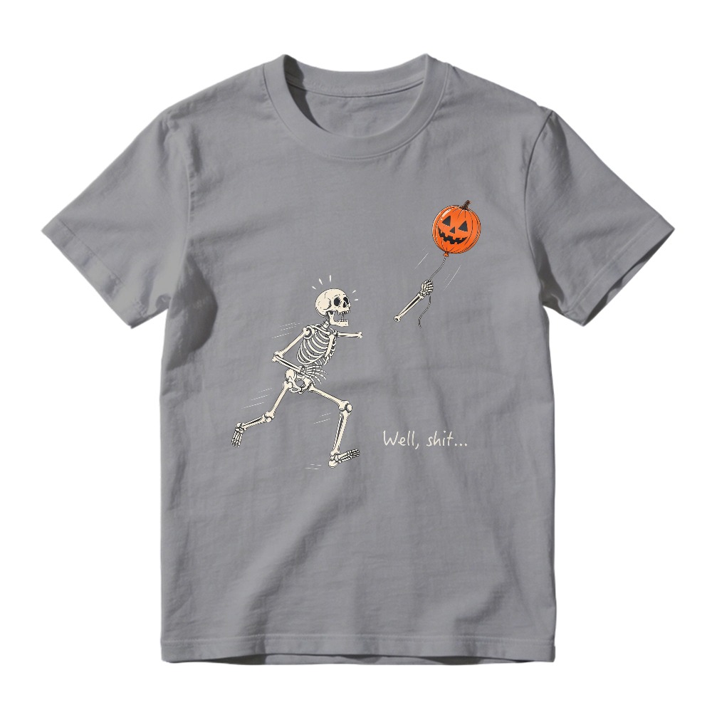 Skeleton Running From Pumpkin Balloon With Well Shit Text Unisex Classic T-shirt