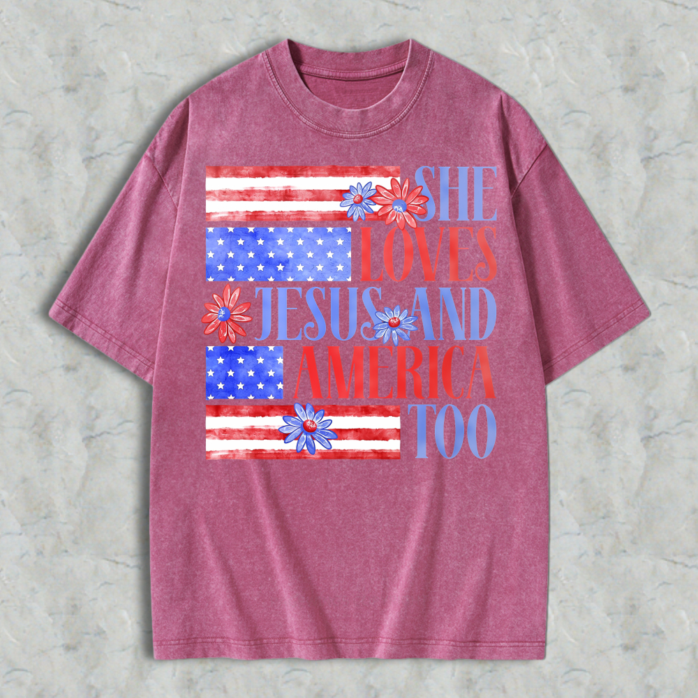 She Loves Jesus And America Too Patriotic Flag Floral Design Washed T-shirt
