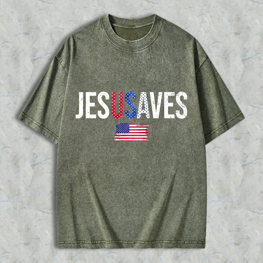Jesus Saves With American Flag Design Washed T-shirt