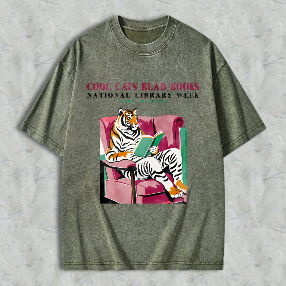 Wardrobecart Tiger Reading Book On Couch Cool Cats Read Books Unisex Washed T-shirt