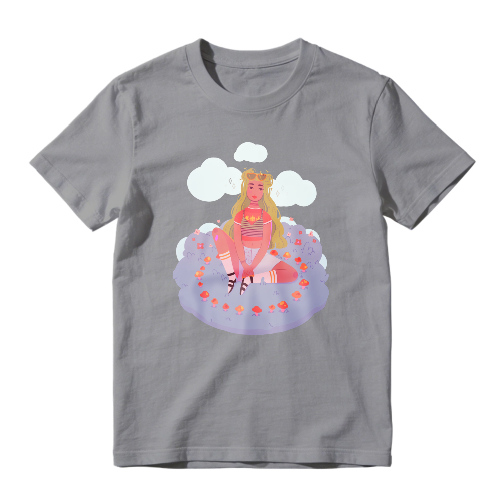 Cartoon Girl Sitting On Cloud With Flowers And Stars, Unisex Classic T-shirt