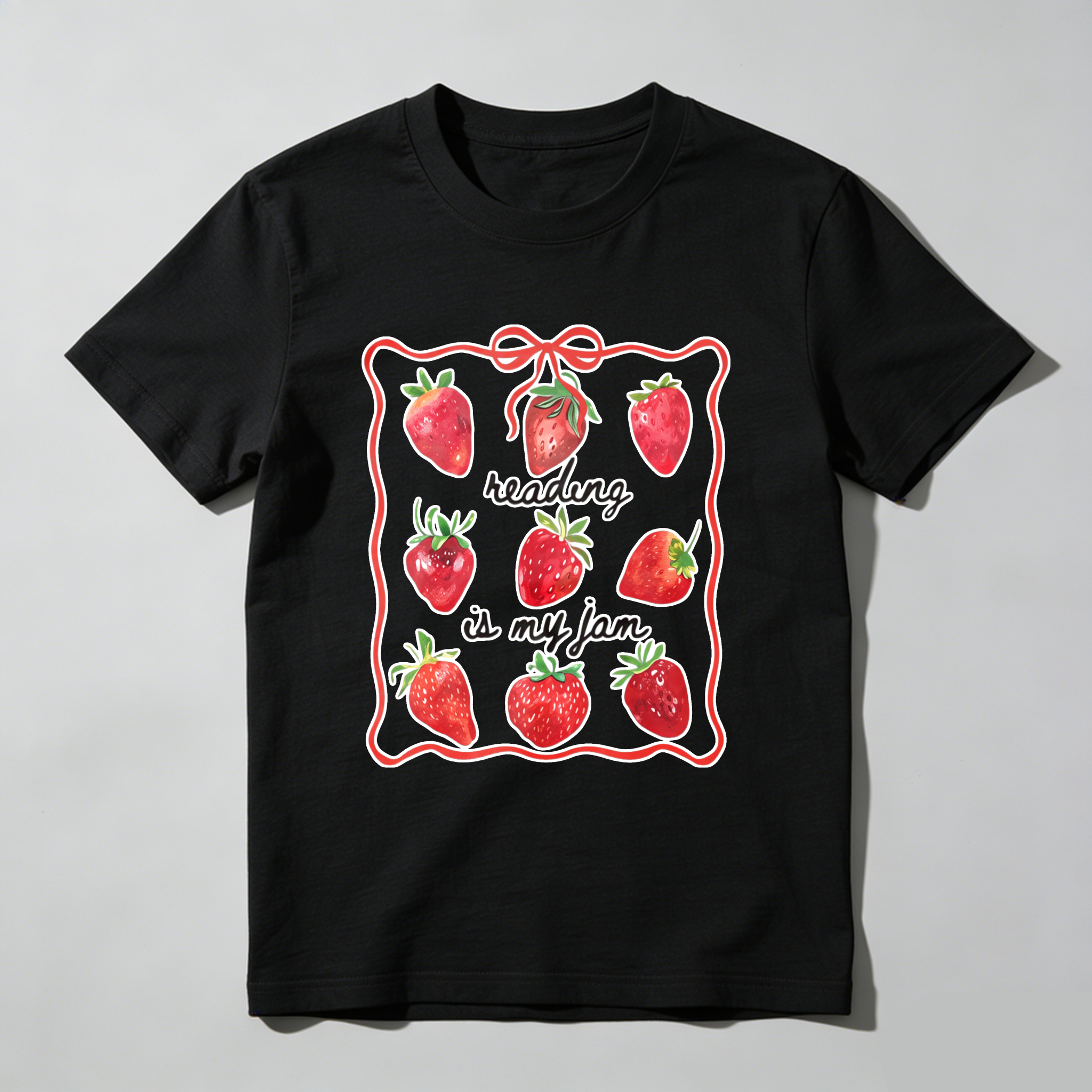 Wardrobecart Strawberries Framed With Reading Is My Jam Text Tshirt