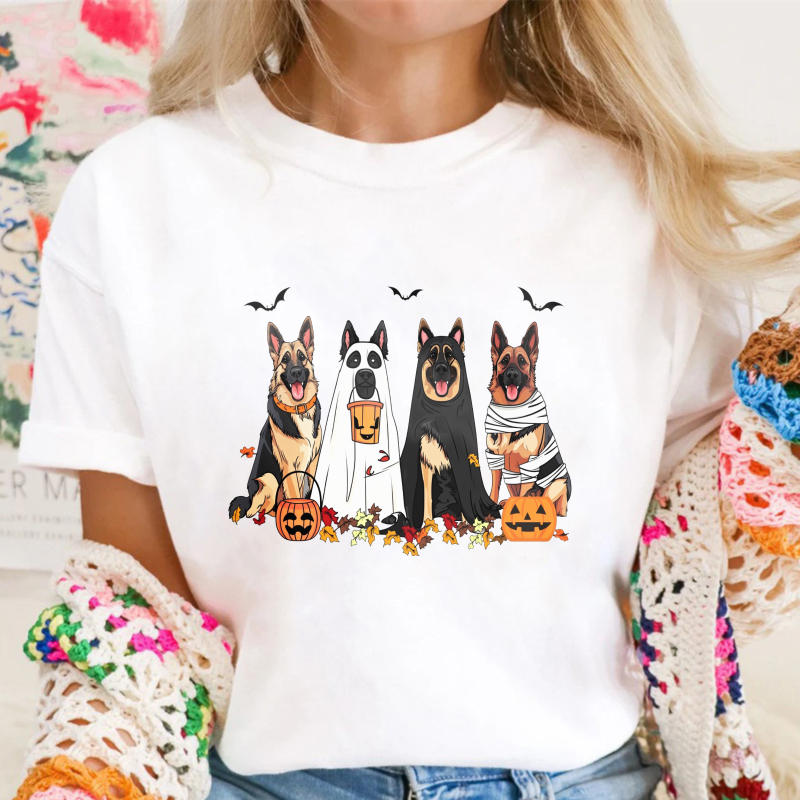 Halloween German Shepherd Dogs In Costumes With Pumpkins And Bats, Unisex Classic T-shirt