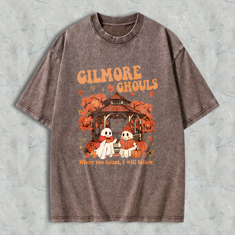 Wardrobecart Gilmore Ghouls Halloween Ghosts And Pumpkin House Design Unisex Washed T-shirt