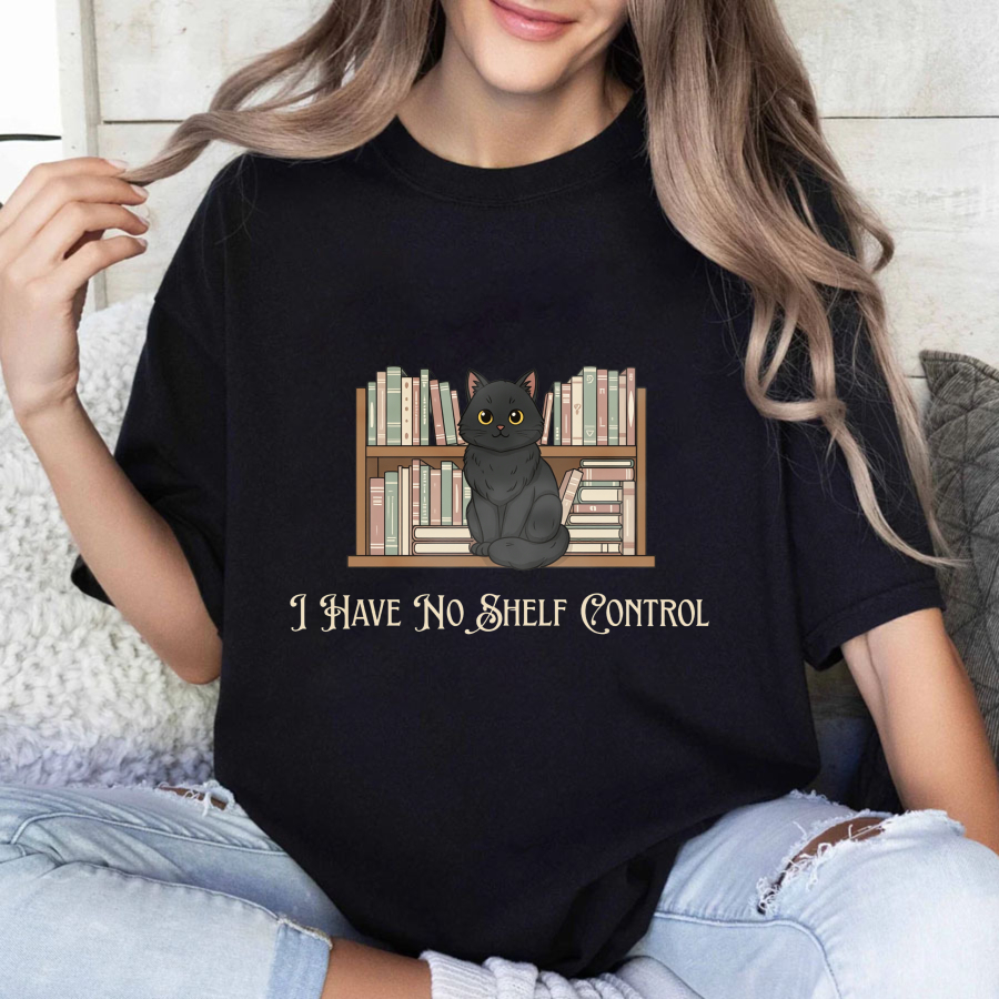 Wardrobecart Black Cat Sitting On Bookshelf I Have No Shelf Control Unisex Classic T-shirt