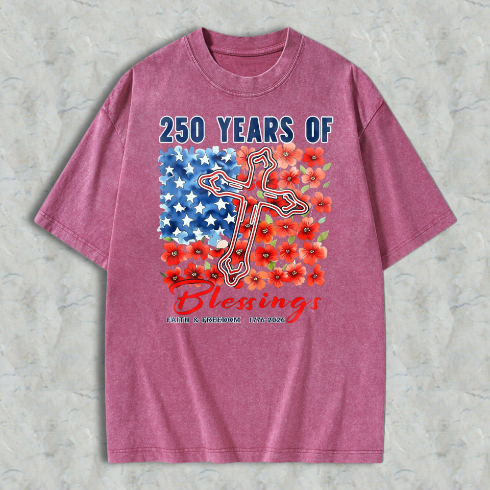 250 Years Of Blessings American Flag Cross And Flowers Washed T-shirt