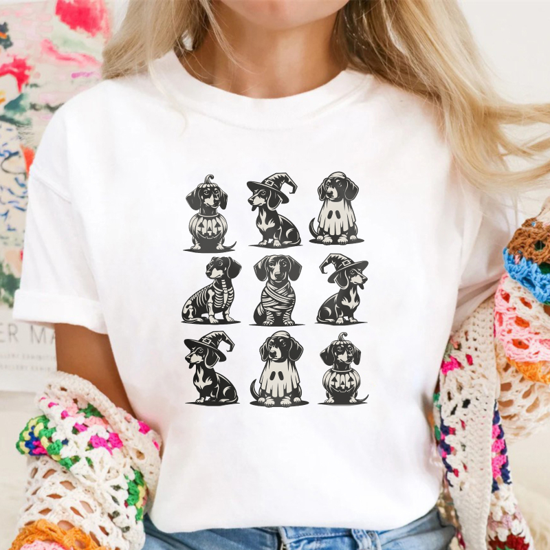 Halloween Dachshund Dogs In Costumes Skeleton Mummy Dalmatian Witch, Unisex Classic T-shirt