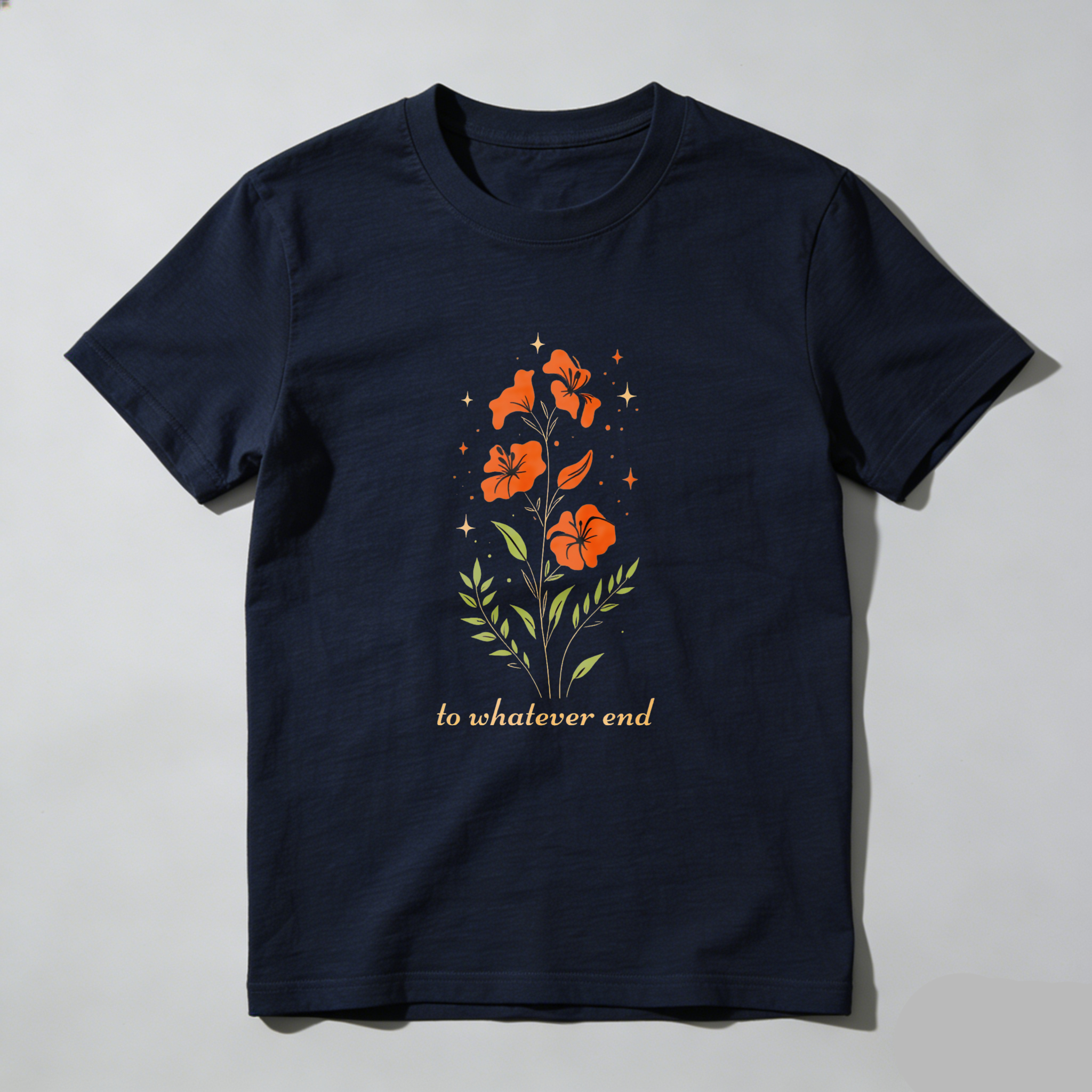 Wardrobecart Orange Flowers With Green Leaves And Stars tshirt