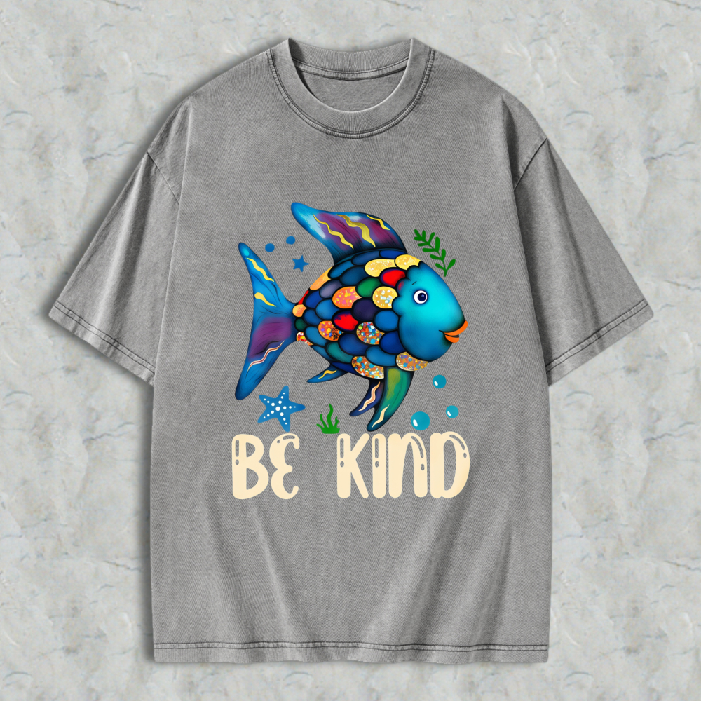 Wardrobecart Colorful Fish With Be Kind Text Unisex Washed T-shirt