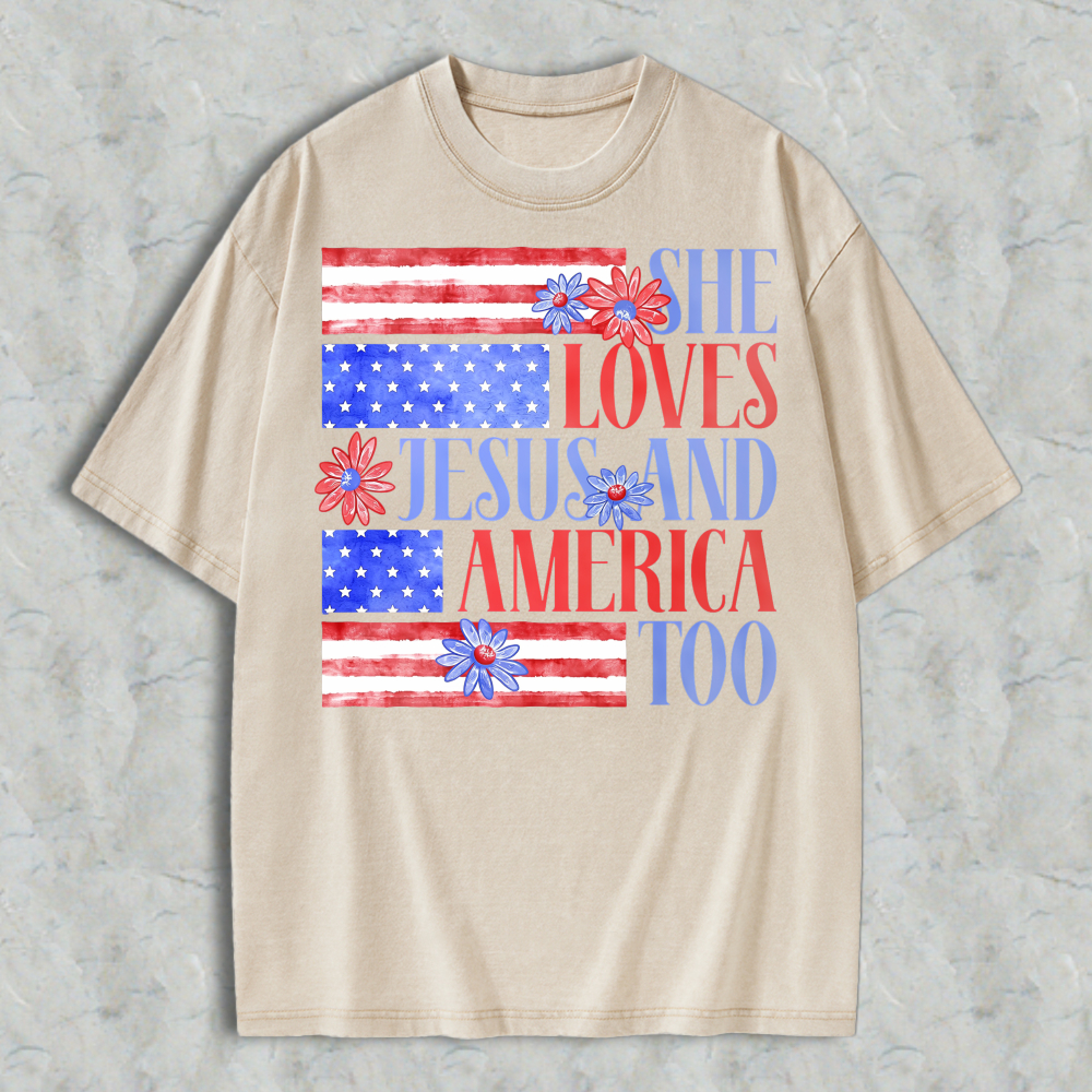 She Loves Jesus And America Too Patriotic Flag Floral Design Washed T-shirt