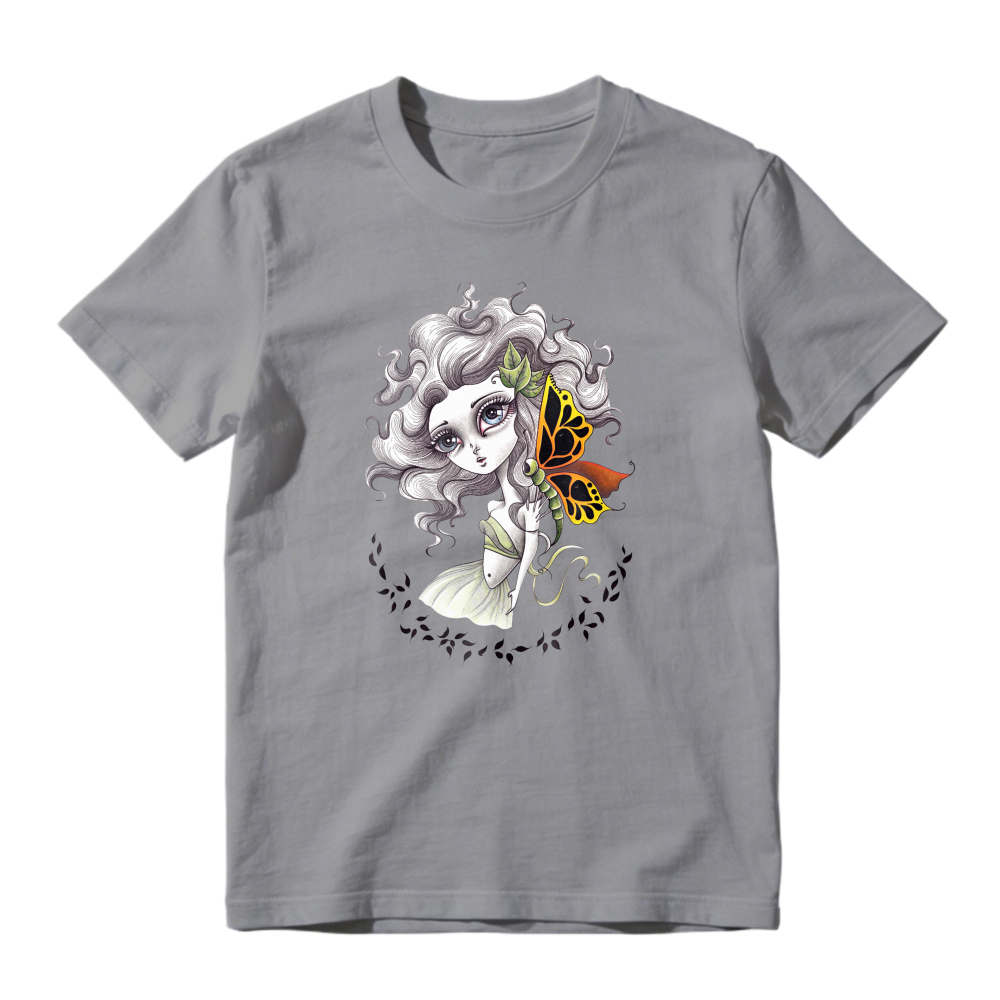 Whimsical Girl With Butterfly And Floral Vine Art, Unisex Classic T-shirt