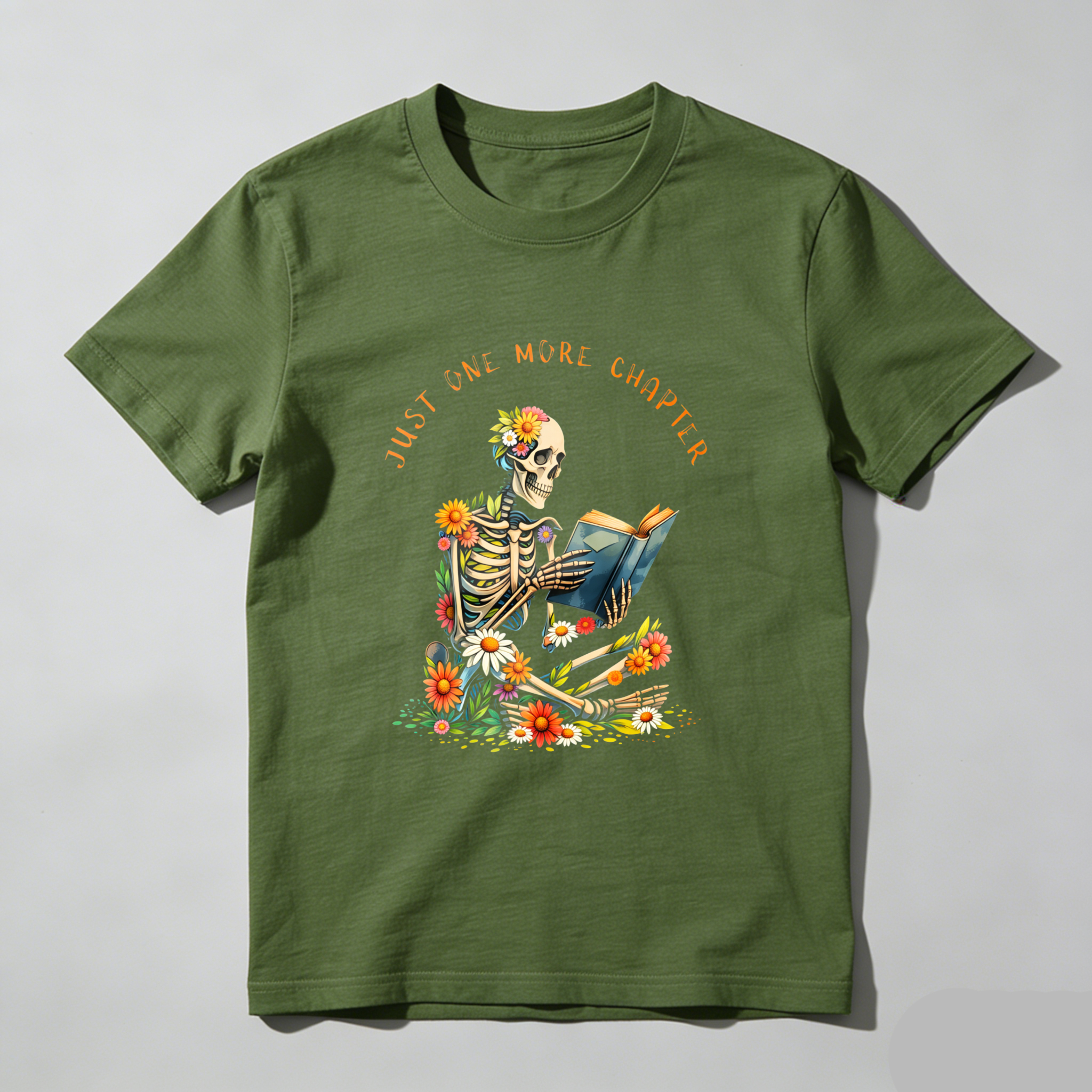 Wardrobecart Skeleton Reading Book With Flowers Tshirt