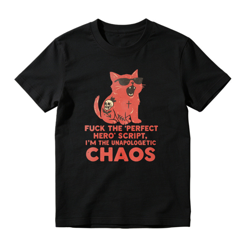 Red Cat With Sunglasses And Skull, Unapologetic Chaos Quote Graphic, Unisex Classic T-shirt