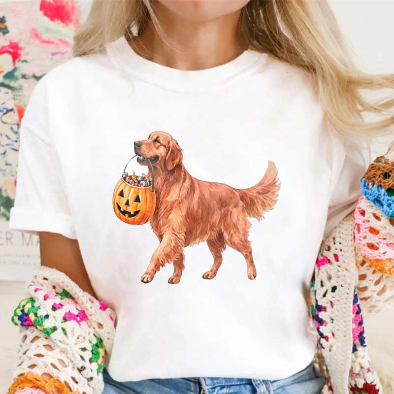 Golden Retriever Holding Halloween Pumpkin Bucket, Unisex Classic T-shirt