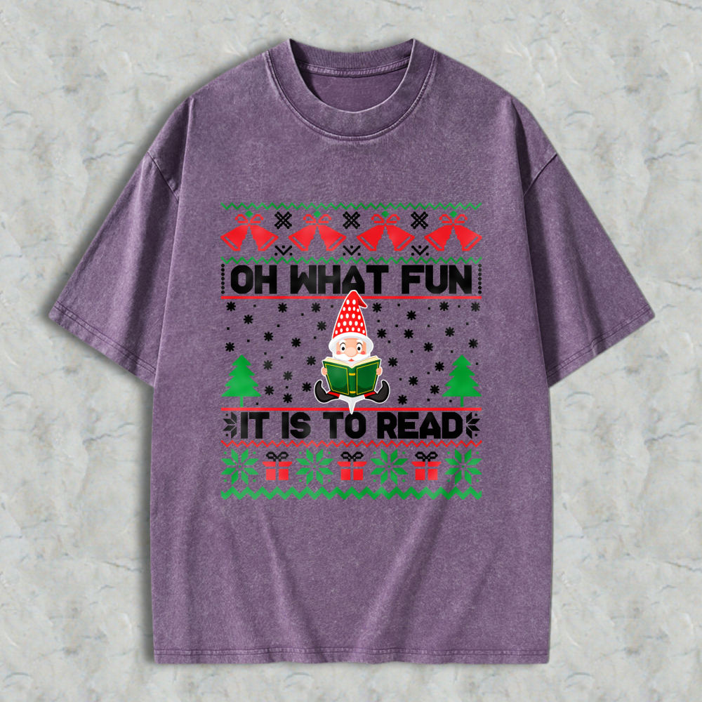 Wardrobecart Christmas Elf Reading Book Pattern Unisex Washed T-shirt