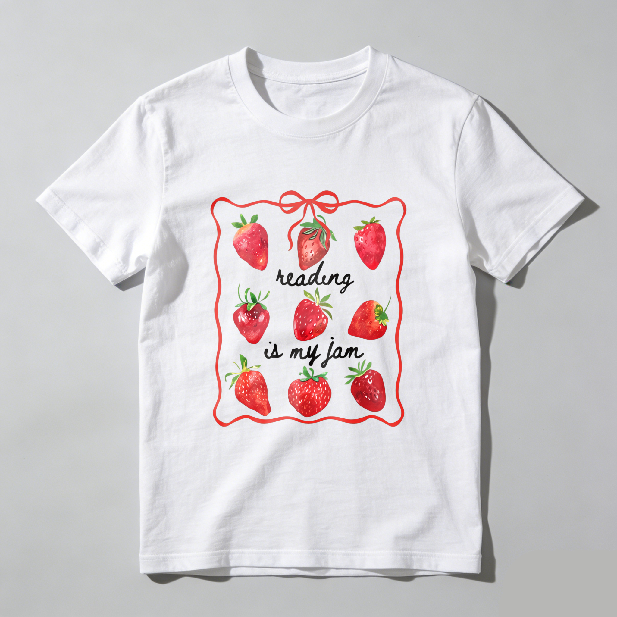 Wardrobecart Strawberries Framed With Reading Is My Jam Text Tshirt