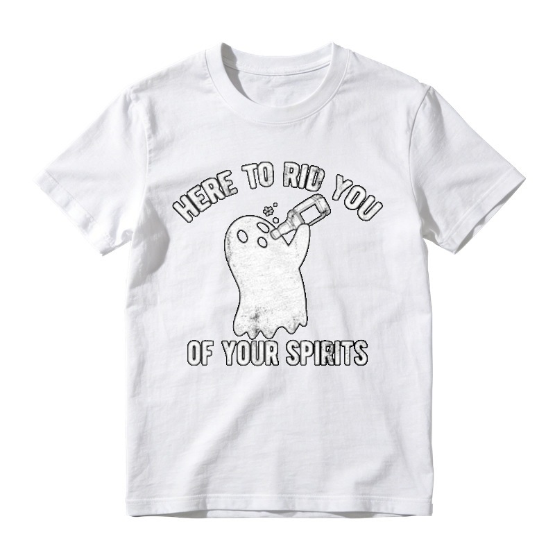 Here To Rid You Of Your Spirits Funny Ghost Drinking Bottle Halloween Graphic T-shirt