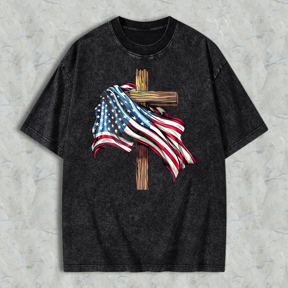 American Flag And Cross Design Washed T-shirt