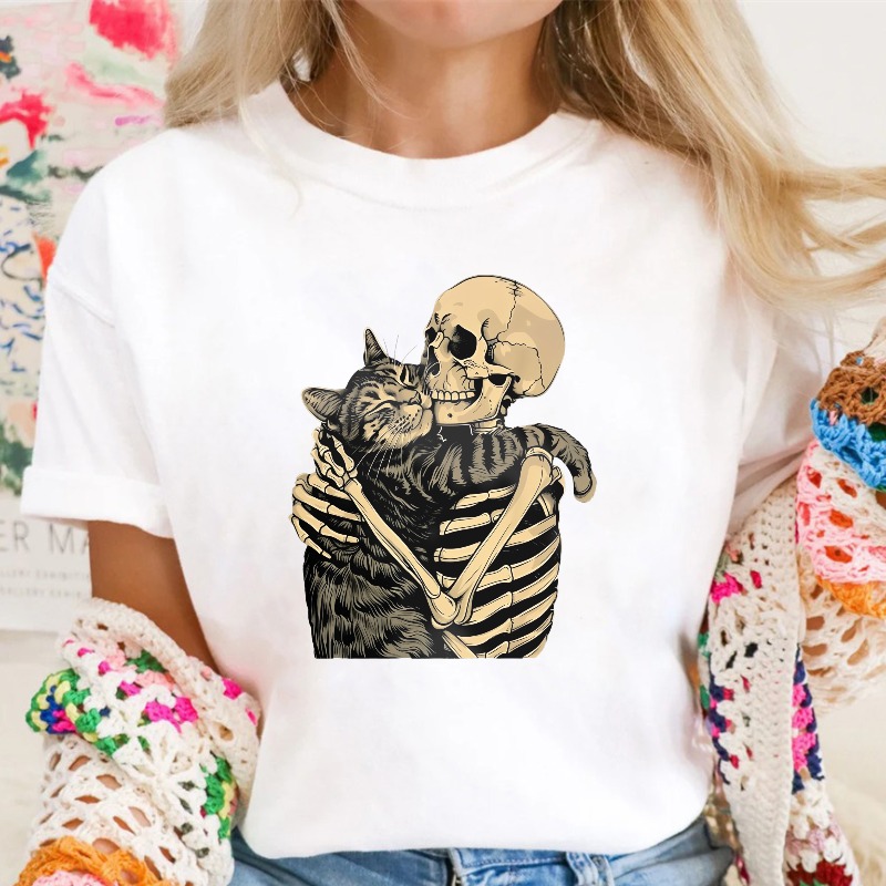 Skeleton Hugging Tabby Cat Vintage Illustration, Unisex Classic T-shirt