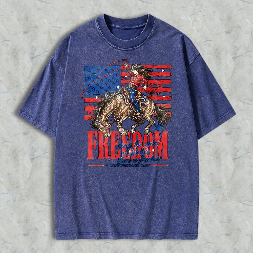 American Flag Cowboy Riding Horse Freedom Washed T-shirt