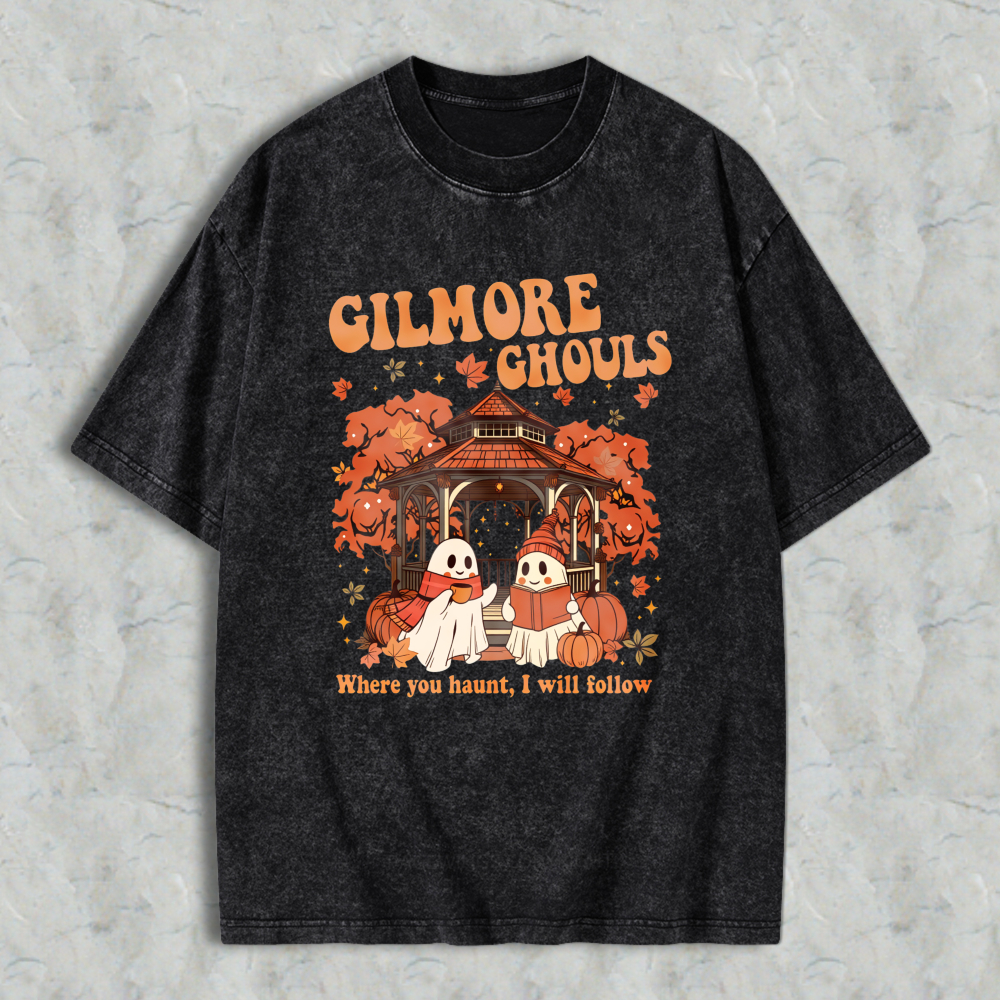 Wardrobecart Gilmore Ghouls Halloween Ghosts And Pumpkin House Design Unisex Washed T-shirt