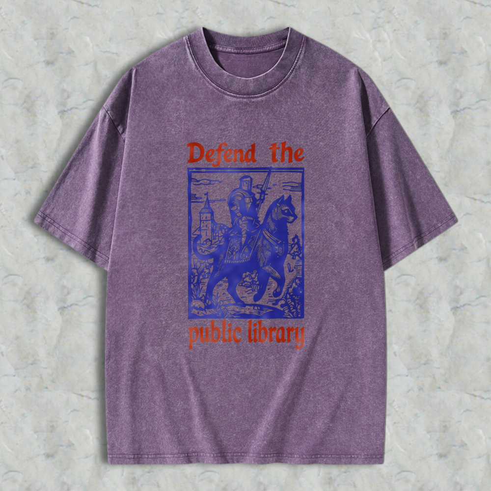 Wardrobecart Defend The Public Library Knight On Horseback With Castle Scene Unisex Washed T-shirt