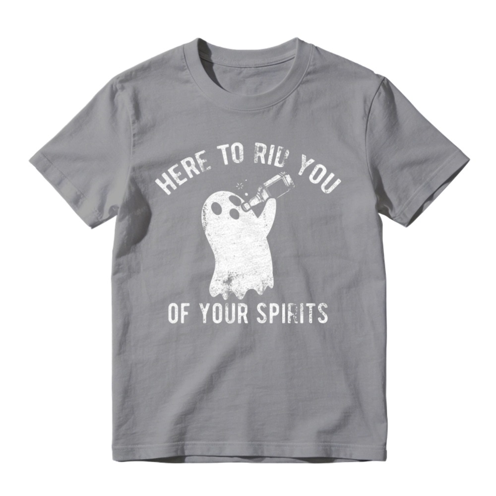 Here To Rid You Of Your Spirits Funny Ghost Drinking Bottle Halloween Graphic T-shirt