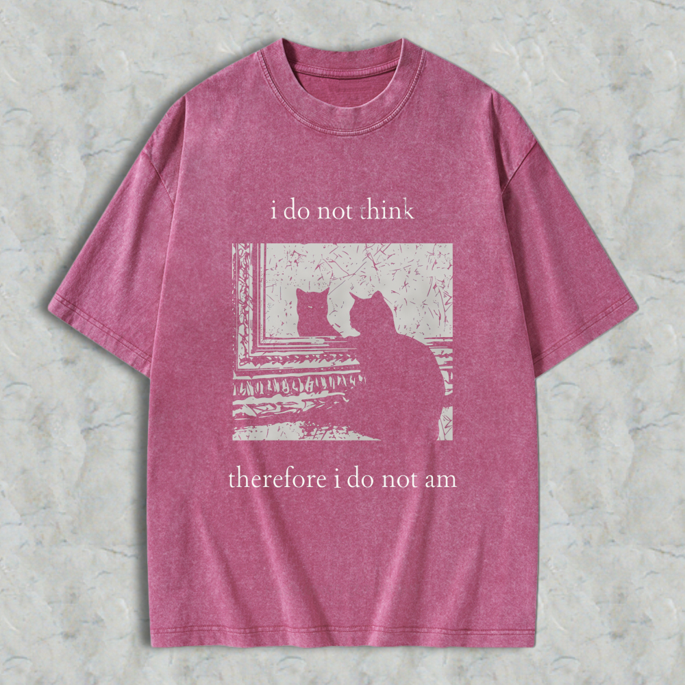 Wardrobecart Cat Silhouette Window Scene I Do Not Think Therefore I Do Not Am Unisex Washed T-shirt