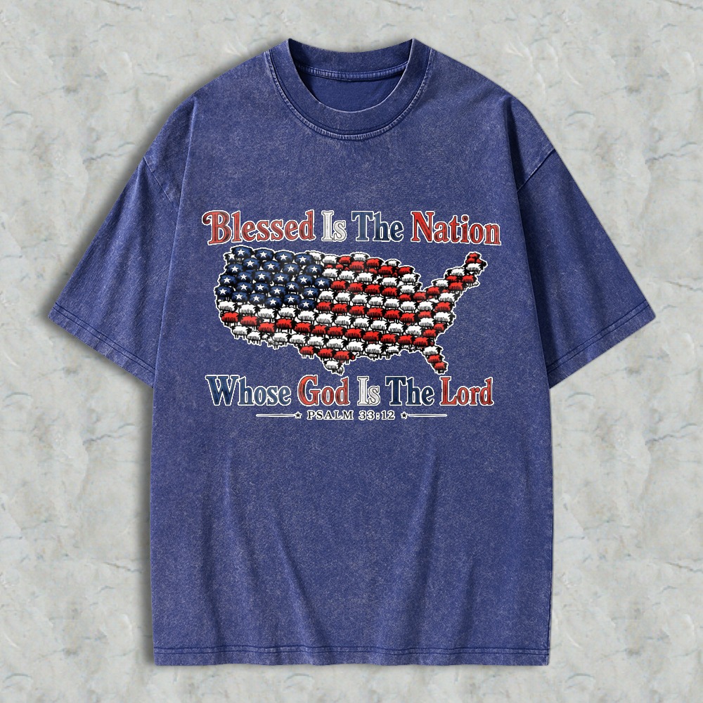 Blessed Is The Nation Whose God Is The Lord American Flag Map Design Washed T-shirt