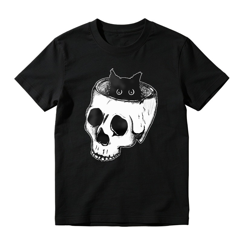 Black Cat In Skull, Unisex Classic T-shirt