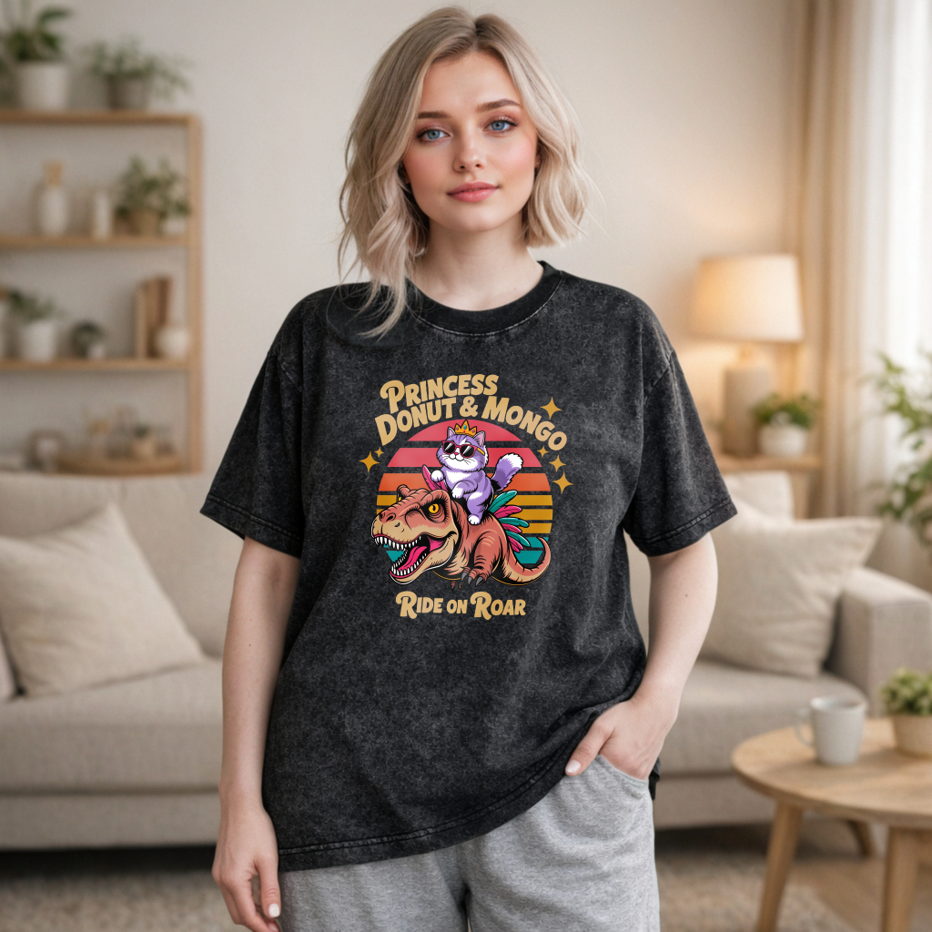 Wardrobecart Princess Donut And Mongo Ride On Roar Cat Riding Dinosaur Vintage Sunset Design Unisex Washed T-shirt