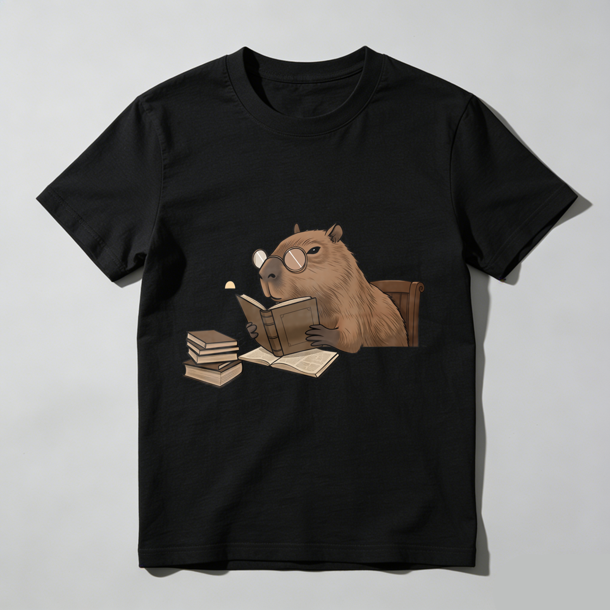 Wardrobecart Capybara Reading Book With Glasses And Stack Of Books Tshirt