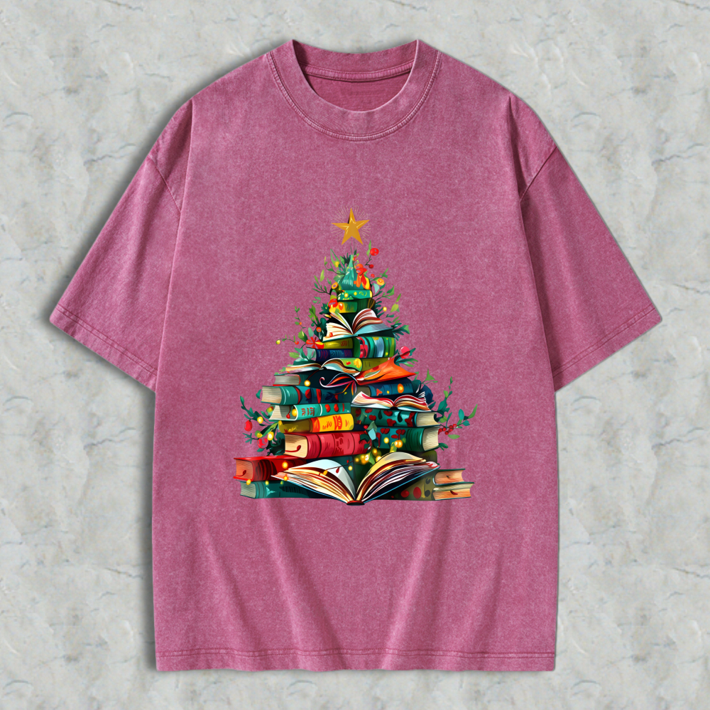 Wardrobecart Book Christmas Tree Design Unisex Washed T-shirt