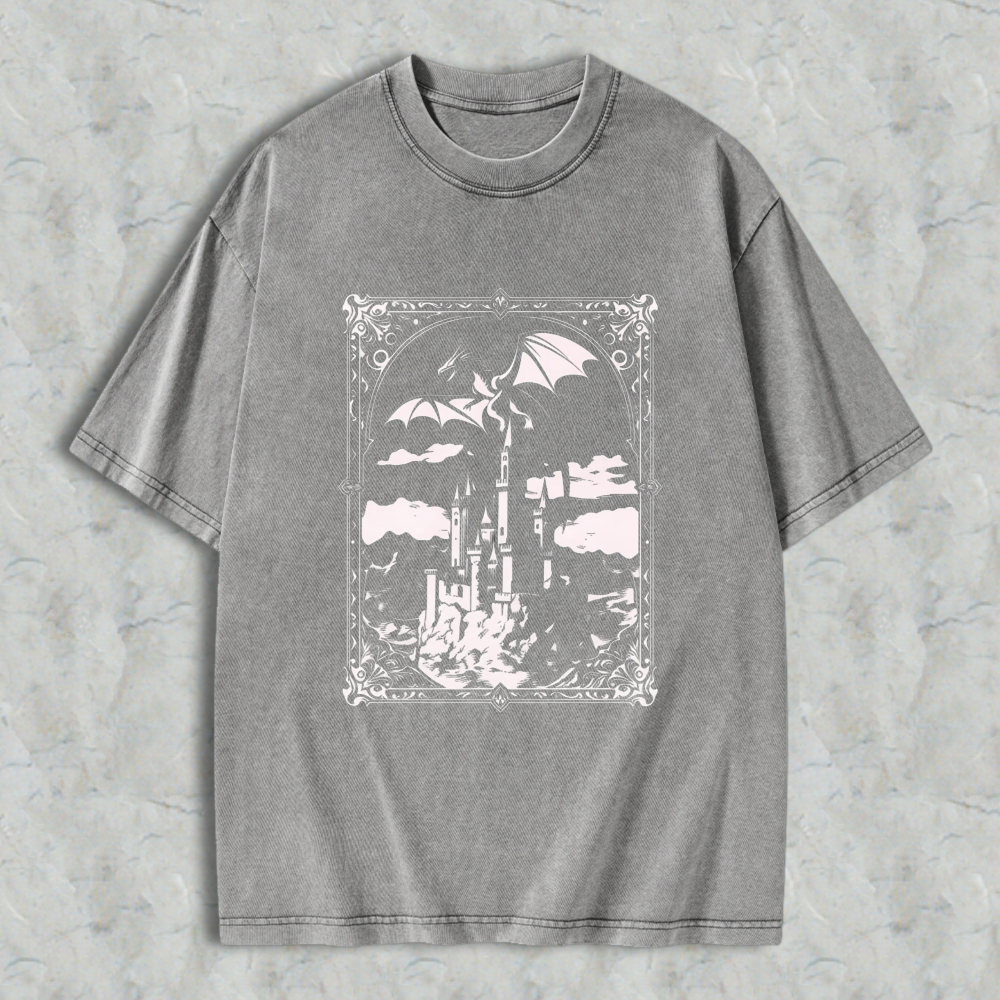 Wardrobecart Fantasy Castle Dragon Sky Scene Unisex Washed T-shirt