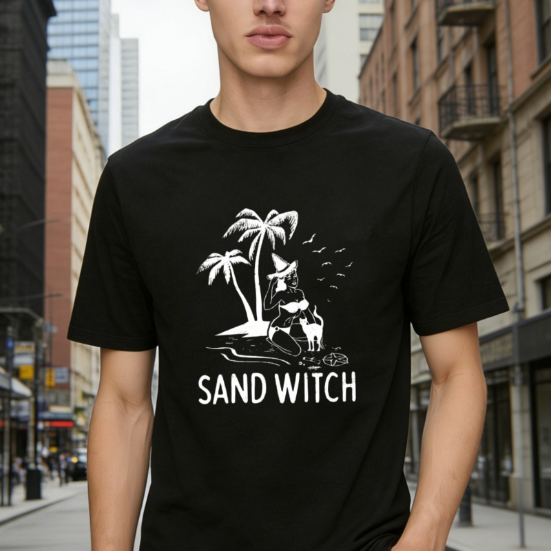 Sand Witch Palm Tree Cat Silhouette Funny Pun Graphic T-shirt
