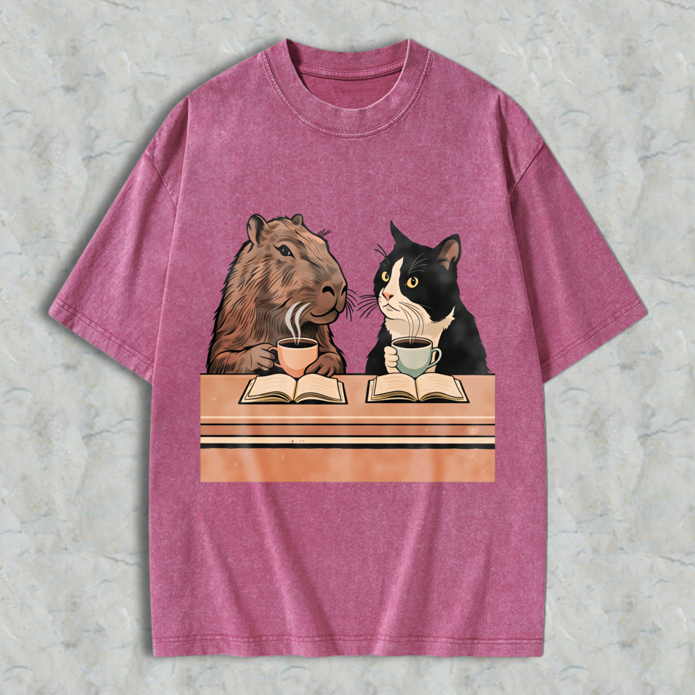 Wardrobecart Capybara And Cat Reading Books With Tea Unisex Washed T-shirt