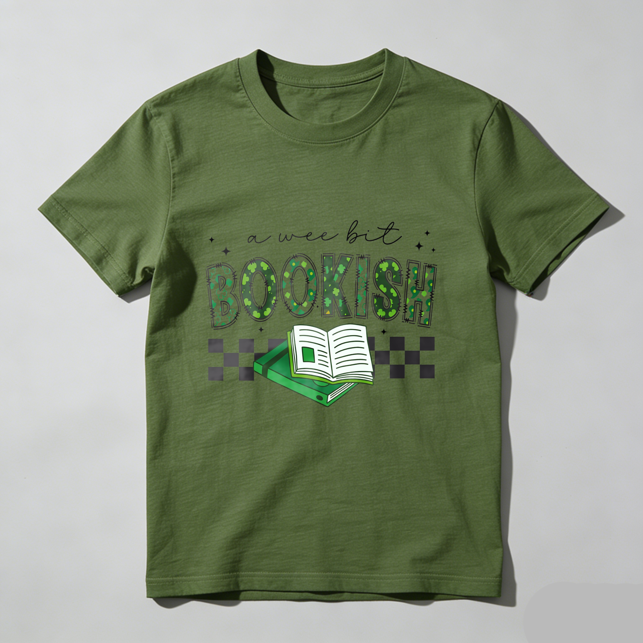 Wardrobecart A Wee Bit Bookish With Open Book And Checkered Pattern tshirt