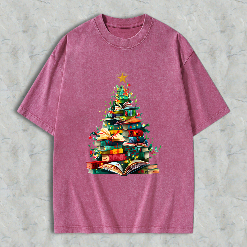Wardrobecart Christmas Tree Made Of Books Unisex Washed T-shirt