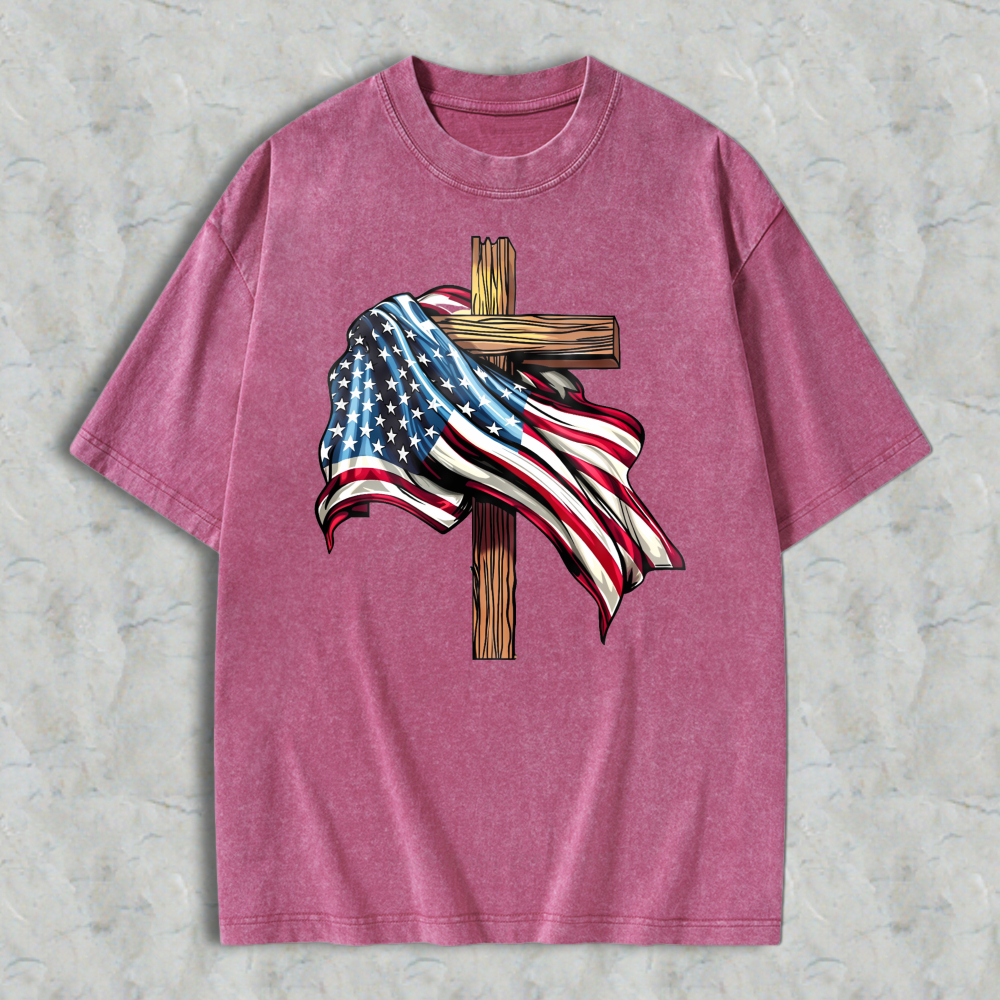 American Flag And Cross Design Washed T-shirt